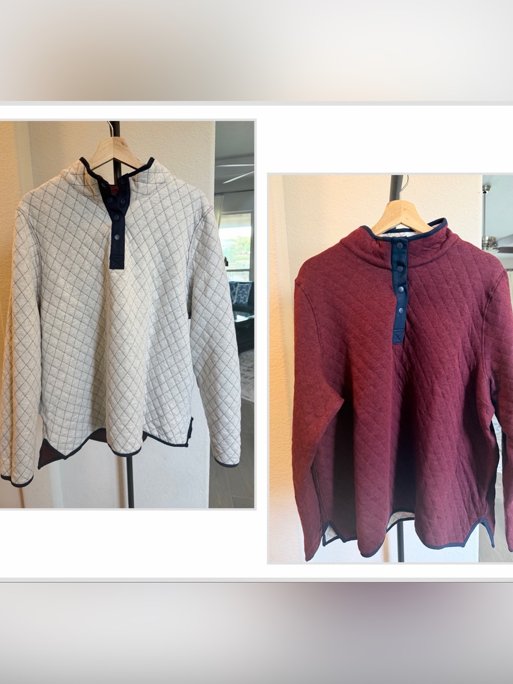 Quince Reversible Quilted Cowl Pullover Sweaters Ivory and Burgundy XL